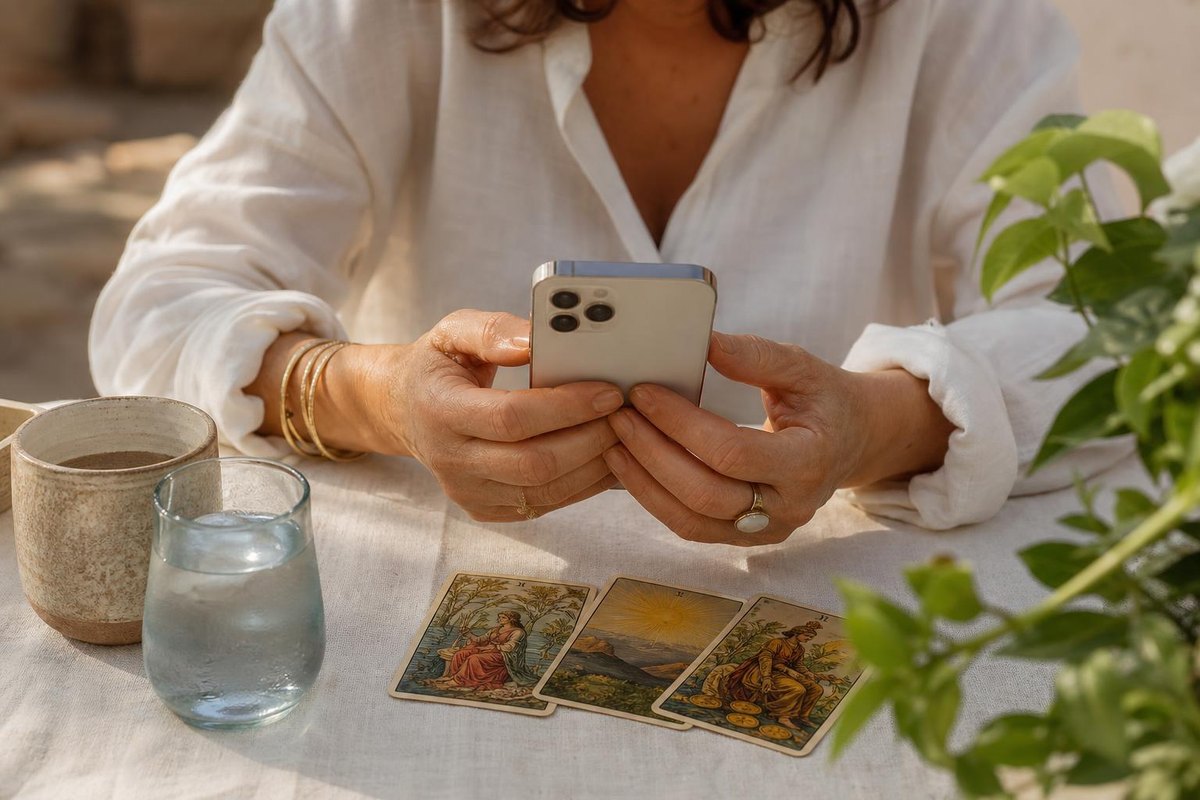 Mujer preparando su consulta vidente sujetando el teléfono junto a cartas de tarot sobre la mesa