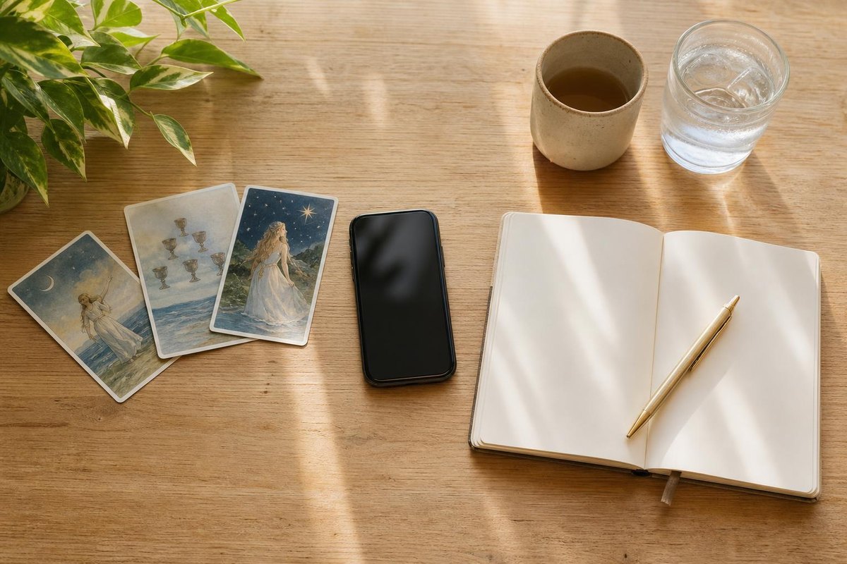 Cuaderno, teléfono y cartas de tarot dispuestos para anotar lo aprendido tras la consulta vidente