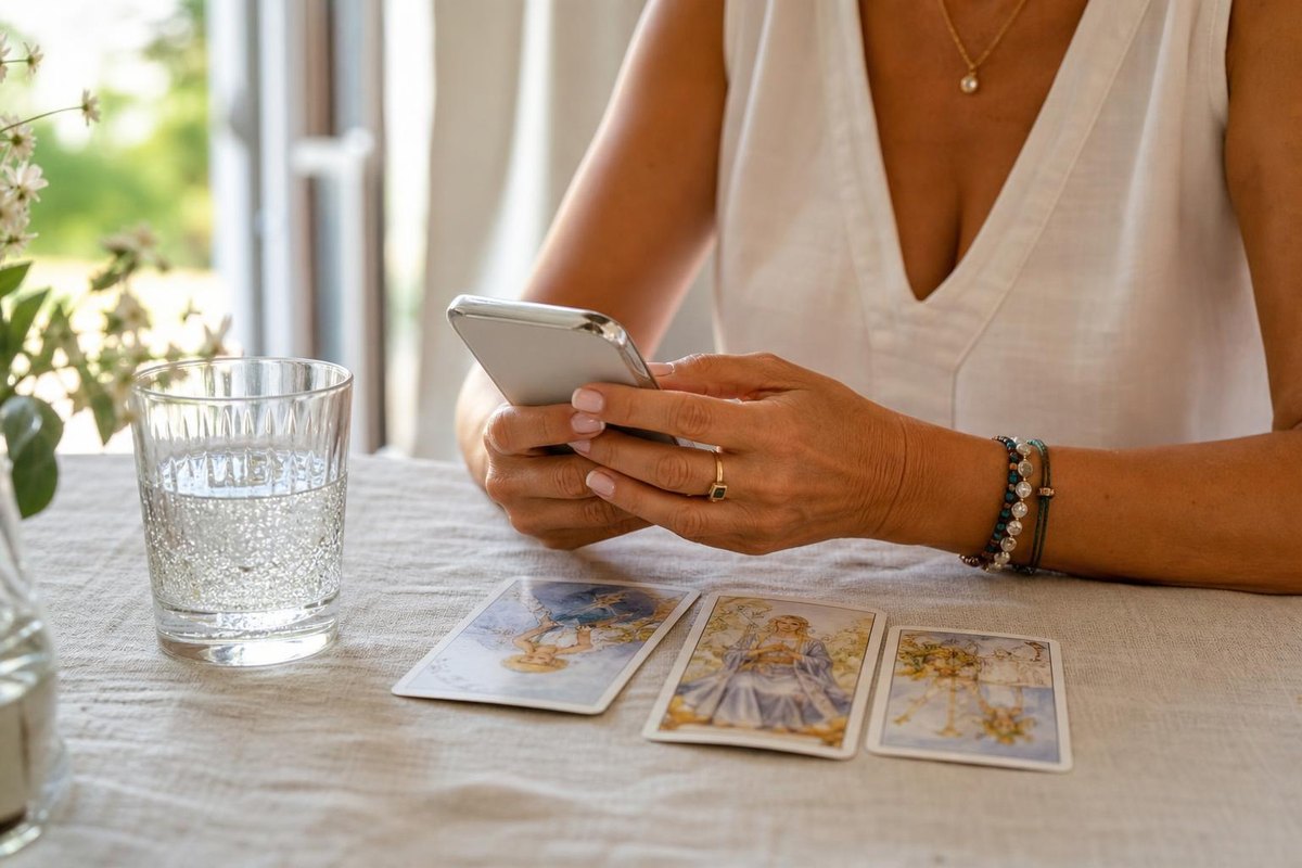 Manos sosteniendo un teléfono junto a cartas de tarot mientras se comprueban las tarifas de tarot barato antes de llamar
