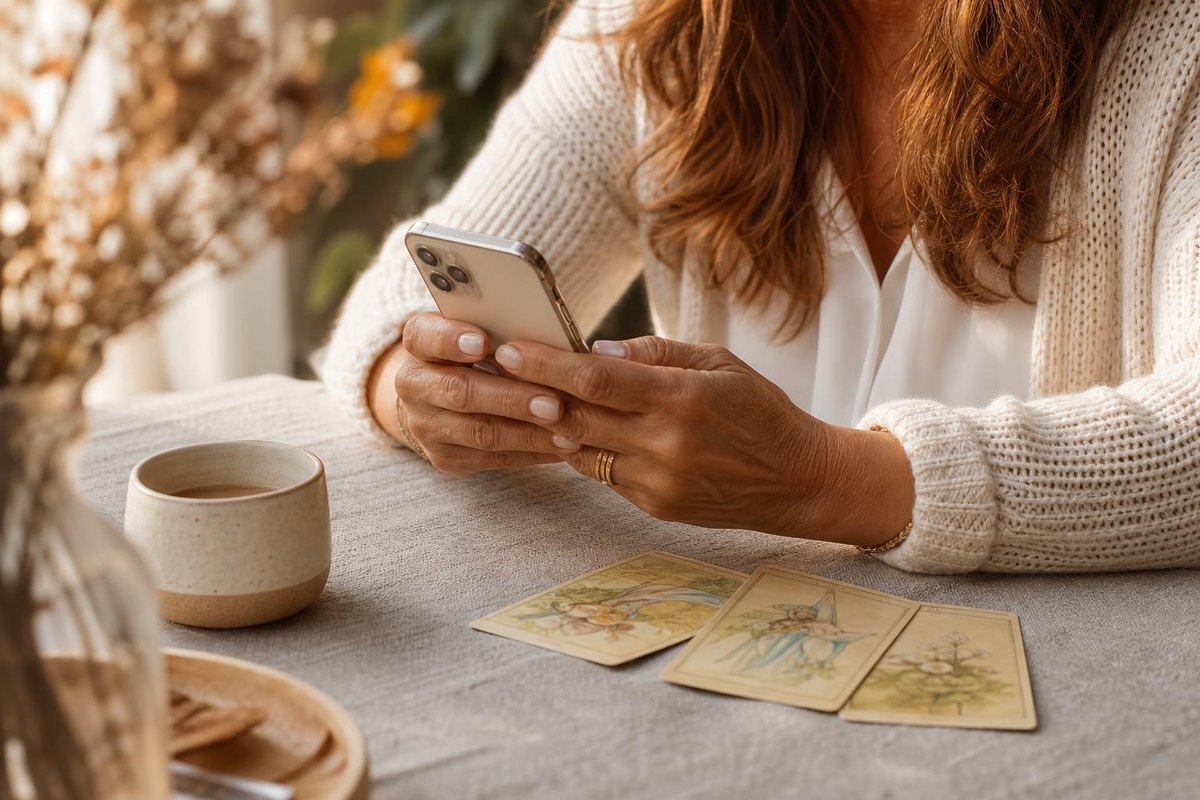 Mujer eligiendo un tarot económico y fiable pagando con VISA desde el móvil junto a cartas de tarot
