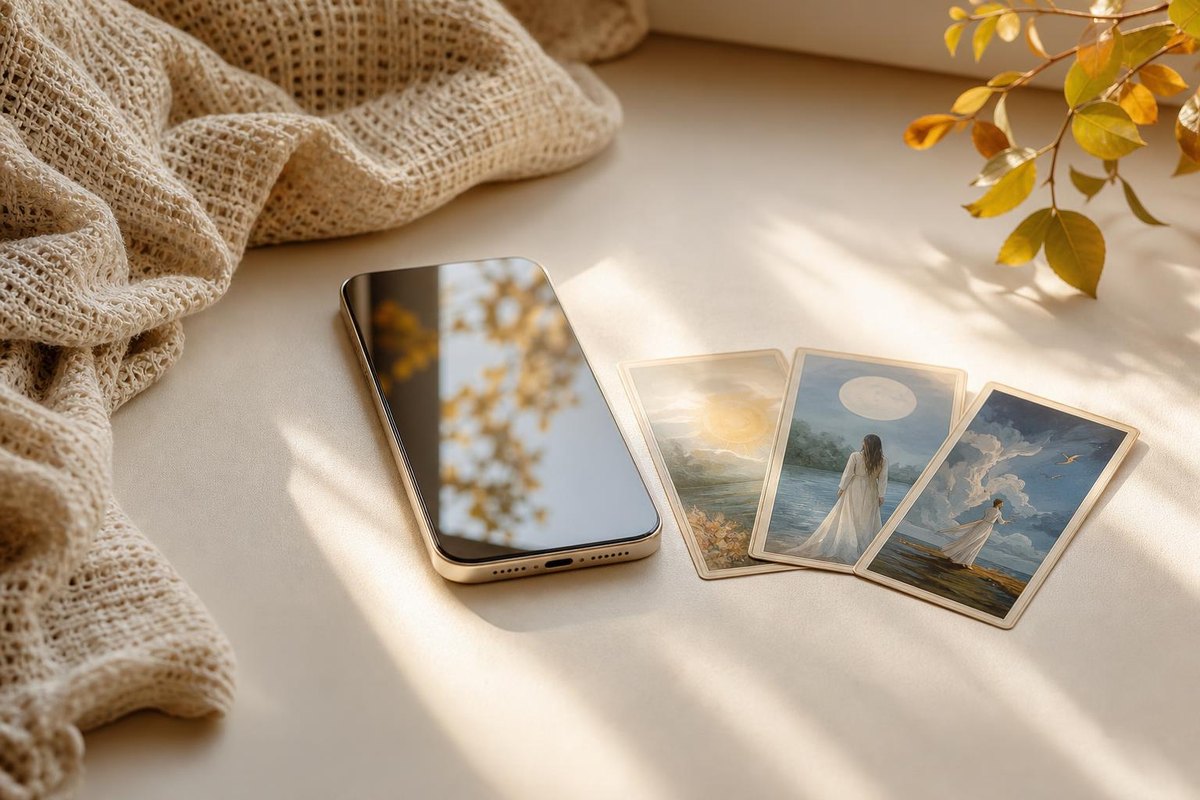 Móvil y cartas de tarot en luz cálida de otoño, símbolo de elegir con calma entre varias videntes