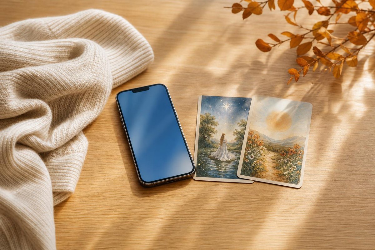 Composición serena con móvil y cartas de tarot que sugiere una tirada de cartas tranquila y clara