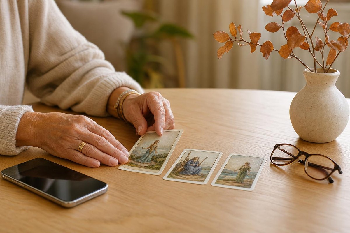 Manos girando una carta de tarot sobre la mesa junto al móvil durante una consulta de cartomancia