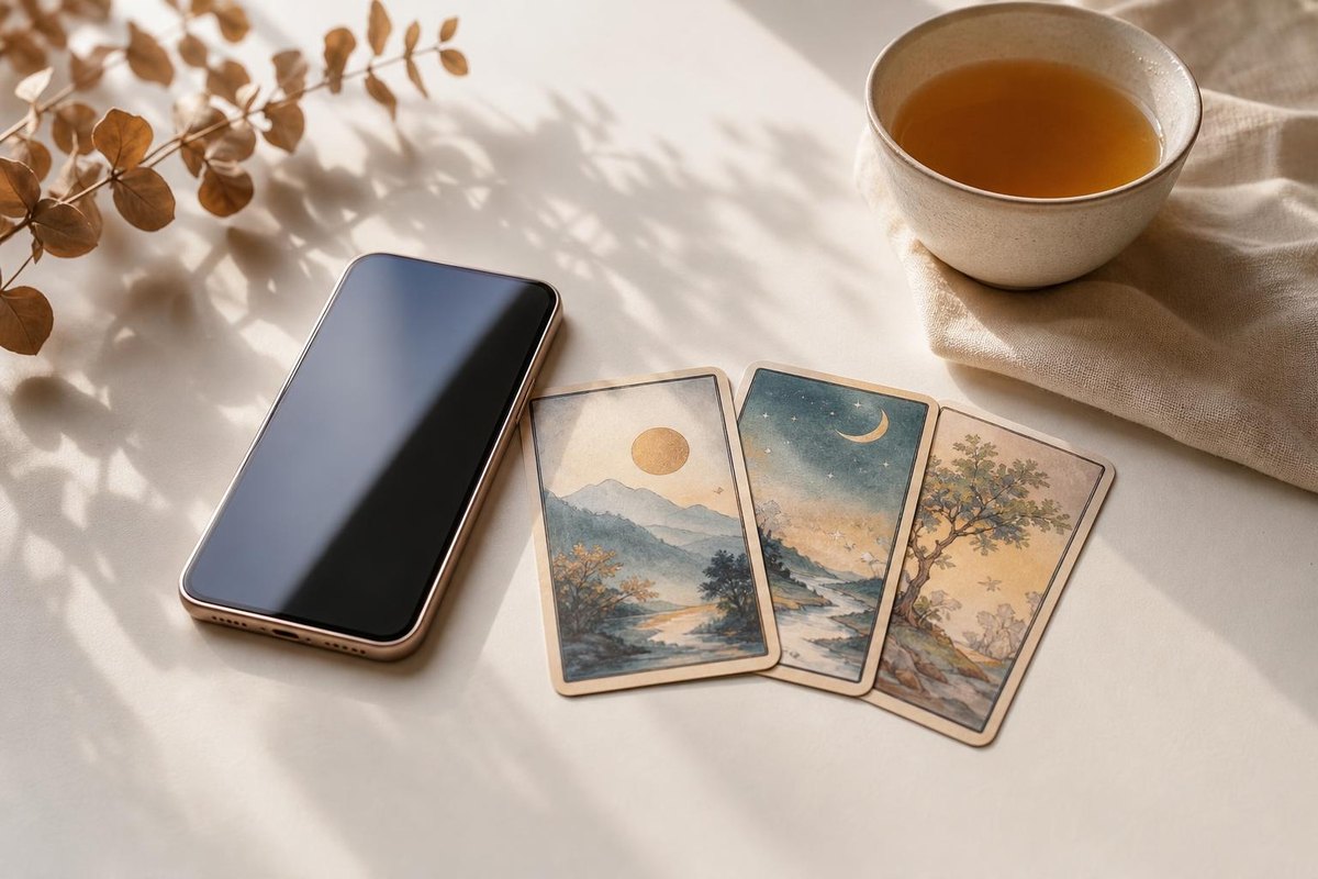 Composición serena de móvil y cartas de tarot que representa la calma de una consulta de cartomancia