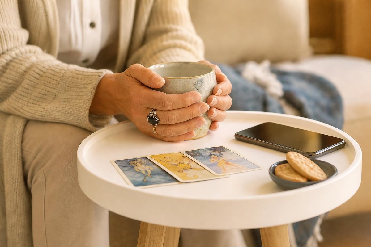 Manos sosteniendo una taza junto al móvil y cartas de tarot durante una llamada a una vidente amor