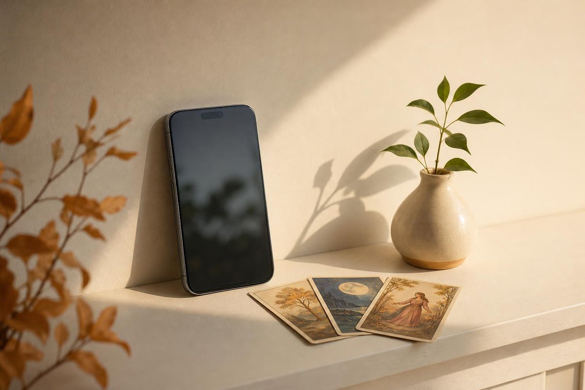 Composición serena con móvil y cartas de tarot que simboliza la calma tras hablar con una vidente amor