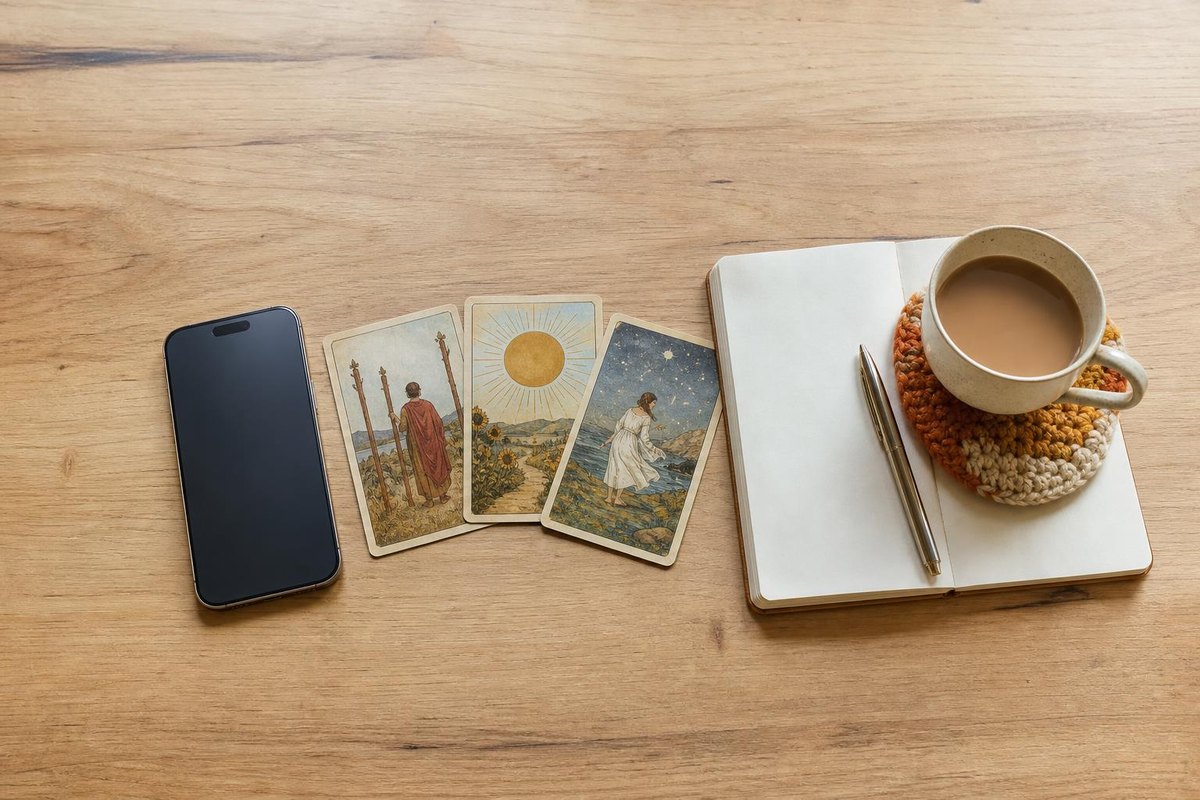 Mesa con móvil, cartas de tarot y libreta abierta, símbolo de una consulta clara con videntes de verdad
